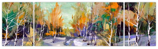 Obraz - Zasněžená cesta lesem, olejomalba (170x50 cm)