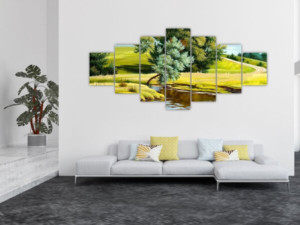 Obraz - Řeka mezi loukami, olejomalba (210x100 cm)