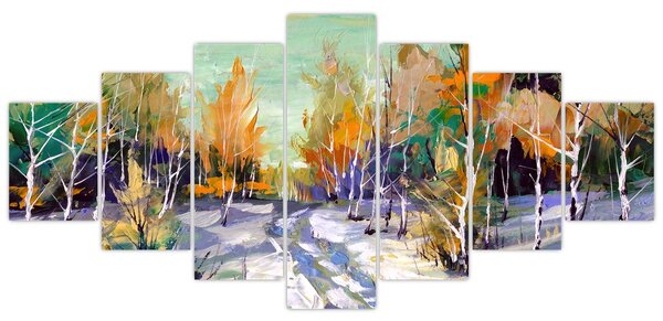 Obraz - Zasněžená cesta lesem, olejomalba (210x100 cm)