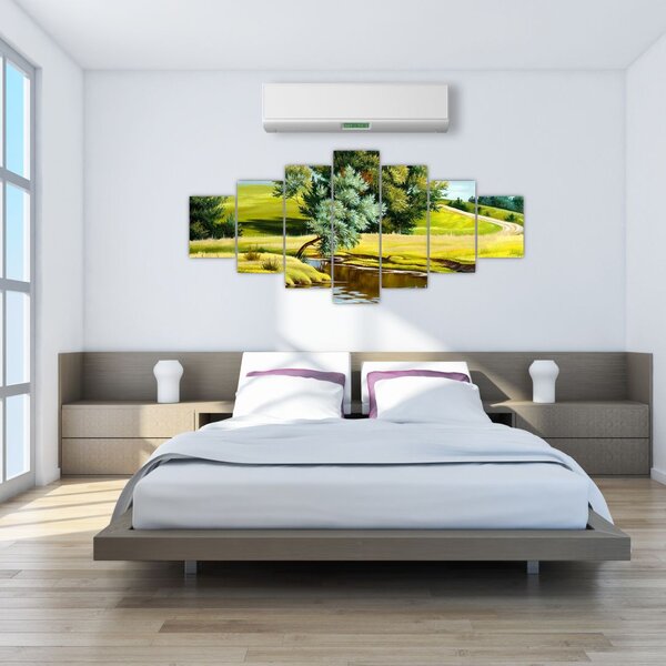 Obraz - Řeka mezi loukami, olejomalba (210x100 cm)