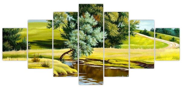 Obraz - Řeka mezi loukami, olejomalba (210x100 cm)