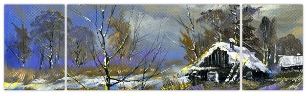 Obraz chaloupky v zimní krajině, olejomalba (170x50 cm)
