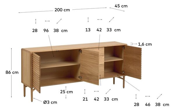 Nízká komoda v dekoru dubu v přírodní barvě 200x86 cm Lenon – Kave Home
