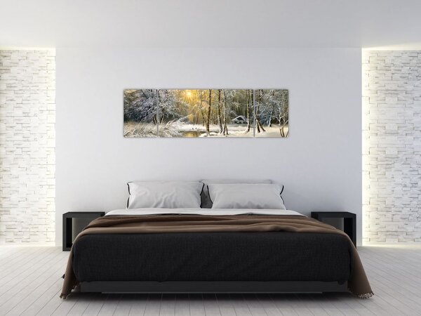 Obraz - Chaloupka v lese, olejomalba (170x50 cm)