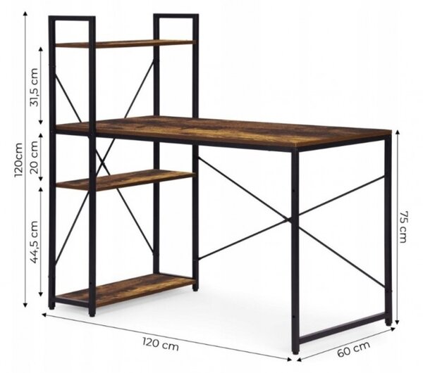 Loftový počítačový stůl STL24BR s regálem a policemi, 120 × 60 cm