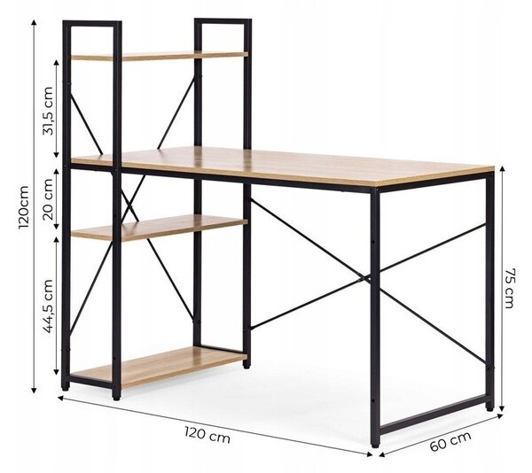 Loftový počítačový stůl STL24JBR s regálem a policemi, 120 × 60 cm