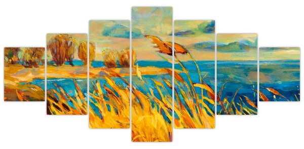 Obraz - Západající slunce nad jezerem, akrylová malba (210x100 cm)