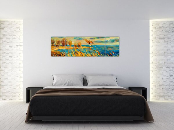 Obraz - Západající slunce nad jezerem, akrylová malba (170x50 cm)