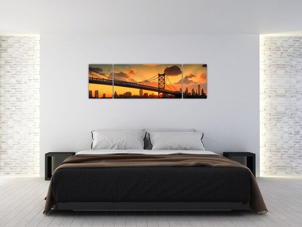 Obraz - Západ slunce nad mostem Bena Franklina, Filadelfie (170x50 cm)