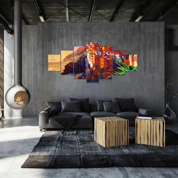Obraz - Vesnice na pobřeží Cinque Terre, Italská riviéra, moderní impresionismus (210x100 cm)