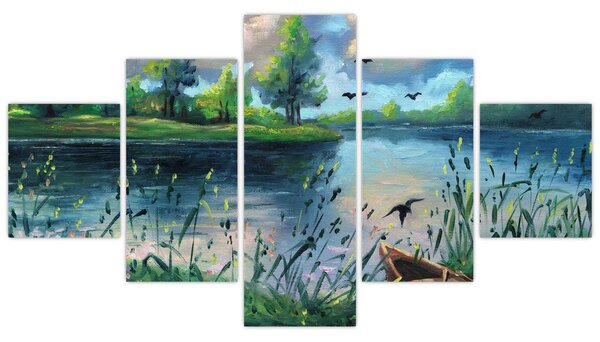 Obraz - Olejomalba, Letní podvečer u jezera (125x70 cm)