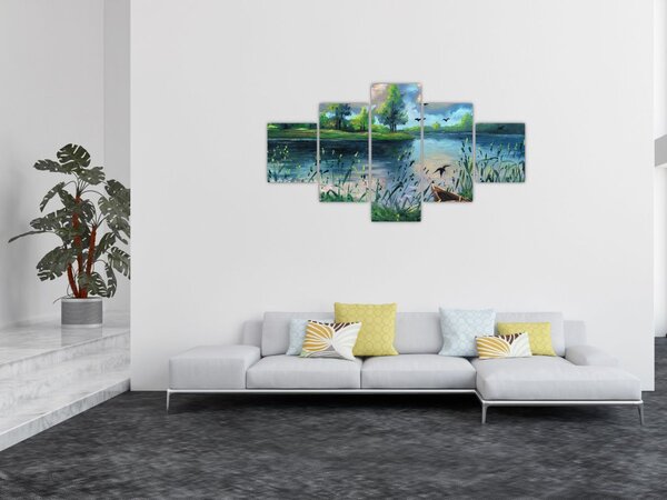 Obraz - Olejomalba, Letní podvečer u jezera (125x70 cm)