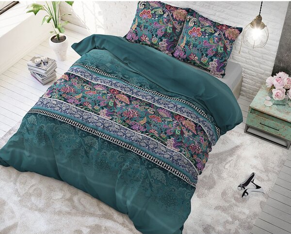 Bavlněné francouzské povlečení 240x220 cm – Paisley Green (zelený kašmírový vzor)