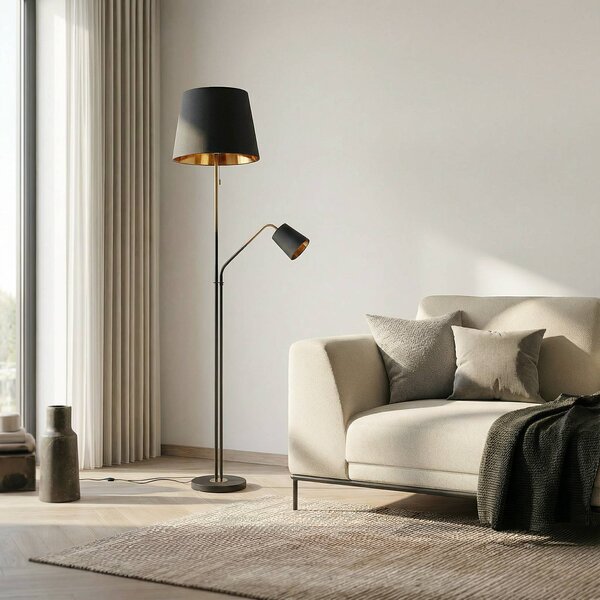 Lindby Stojací lampa Efalia, černá/zlatá, textil, světlo na čtení, Černá, Obývací pokoj / jídelna, kov, Moderní