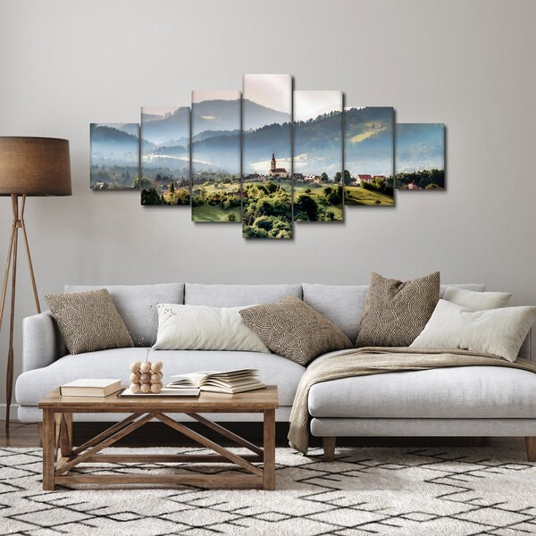 Obraz - vesnička v mlze (210x100 cm)