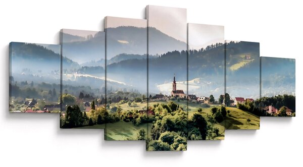 Obraz - vesnička v mlze (210x100 cm)