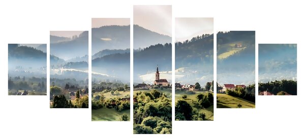 Obraz - vesnička v mlze (210x100 cm)