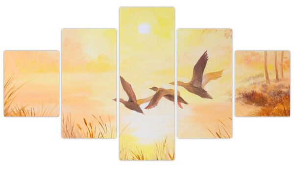 Obraz - Jeřábi při západu slunce (125x70 cm)