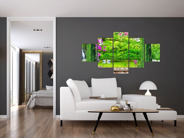 Obraz - Kouzelná zahrada s labutěmi (125x70 cm)