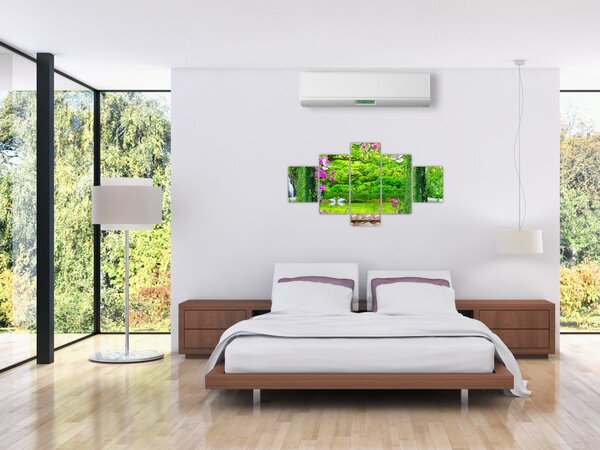 Obraz - Kouzelná zahrada s labutěmi (125x70 cm)