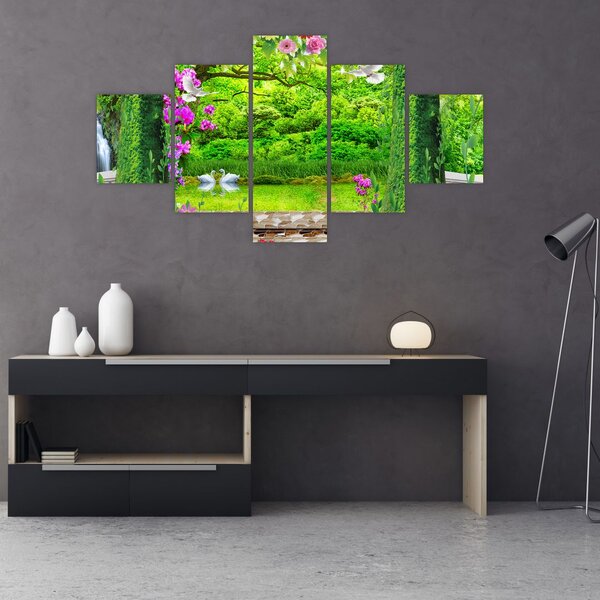 Obraz - Kouzelná zahrada s labutěmi (125x70 cm)