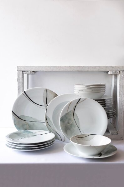 Jídelní sada 24 ks šedá/zelená/porcelán