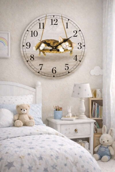 Nástěnné hodiny Kotě na houpačce Ø 34 cm 2000048