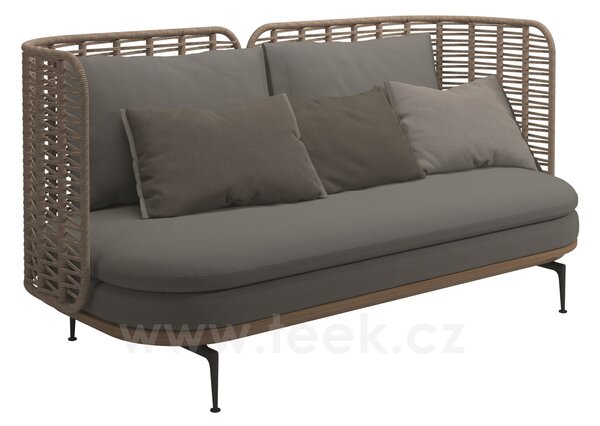 Gloster 2-místná pohovka s vysokou opěrkou Mistral, Gloster, 208x94x102 cm, rám teak a lakovaný hliník barva Meteor, výplet umělý ratan barva Koala, včetně sedáku a opěrných polštářů, venkovní látka kat. B