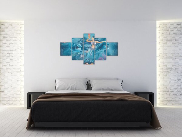 Obraz - Mořská víla s delfíny (125x70 cm)