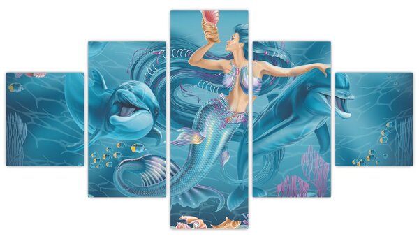 Obraz - Mořská víla s delfíny (125x70 cm)