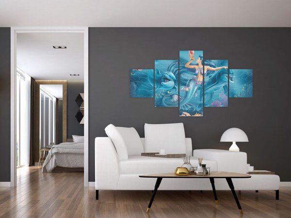 Obraz - Mořská víla s delfíny (125x70 cm)
