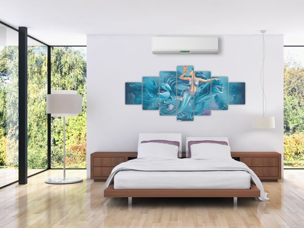 Obraz - Mořská víla s delfíny (210x100 cm)