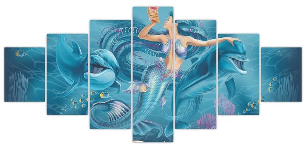 Obraz - Mořská víla s delfíny (210x100 cm)