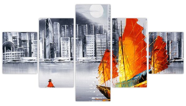 Obraz - Victoria Harbor, Hong Kong, černobílá olejomalba (125x70 cm)