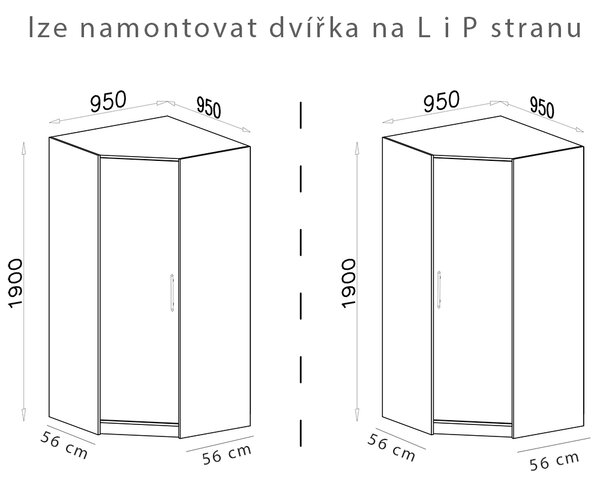 SMART sb | rohová šatní skříň SR4 | 95x95 cm | UNI dvířka | sonoma/bílá