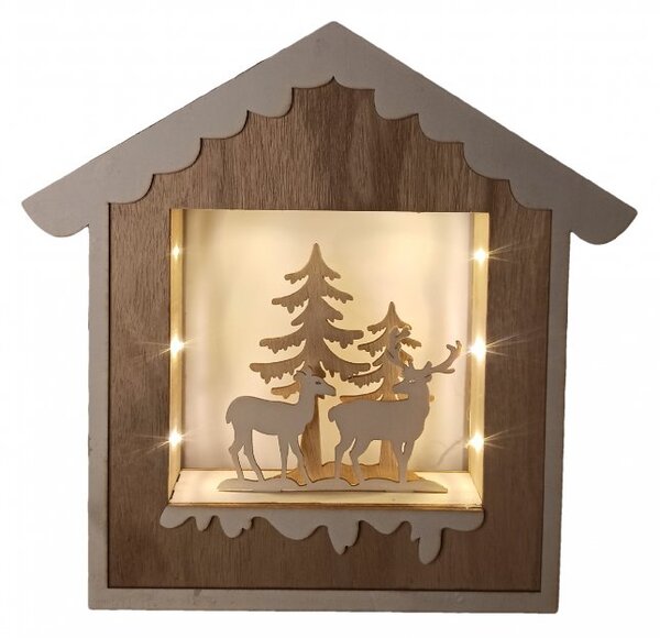 LED dekorační domeček, dřevěný, les a jelen