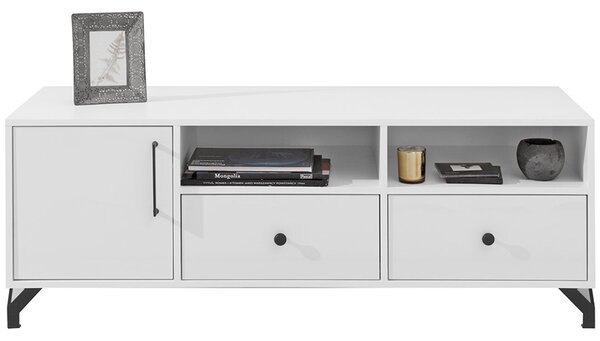 BERGEN | TV stolek BE8 | 140 cm | se zásuvkami a dvířky | bílá mat/bílá lesk