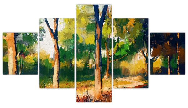Obraz lesa v letním slunci, malba (125x70 cm)
