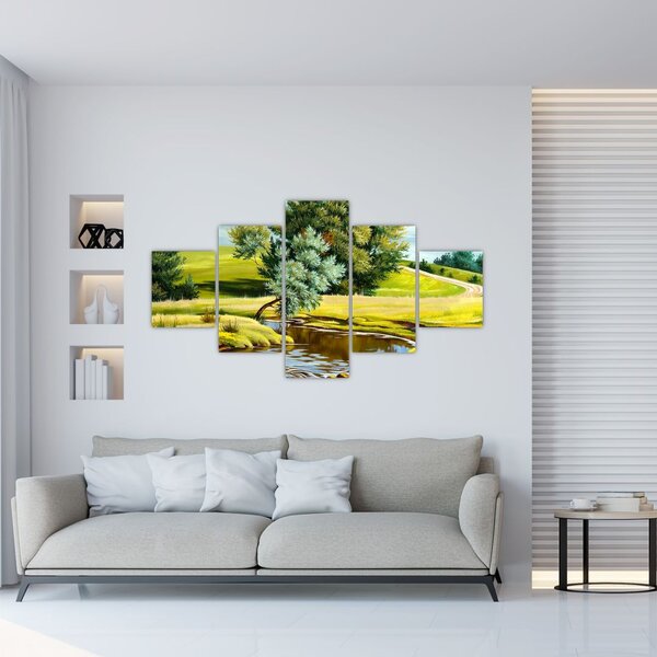 Obraz - Řeka mezi loukami, olejomalba (125x70 cm)