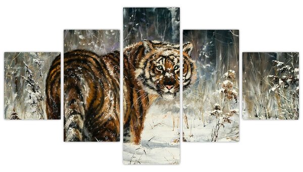 Obraz - Tygr v zasněženém lese, olejomalba (125x70 cm)
