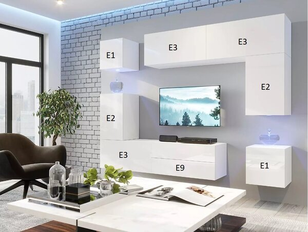 Obývací stěna Berny 70 (bílá + bílý lesk). Akce -20%