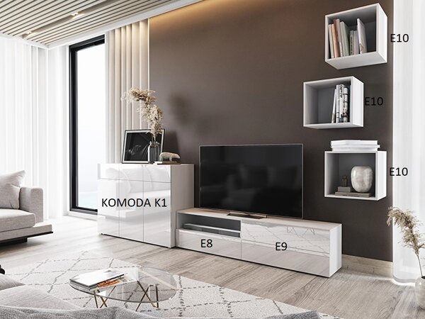Obývací stěna Berny 55 (bílá + bílý lesk). Akce -20%