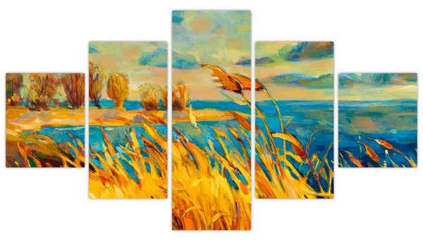 Obraz - Západající slunce nad jezerem, akrylová malba (125x70 cm)