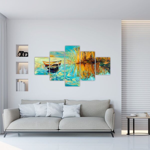 Obraz - Jezero s loďkami (125x70 cm)