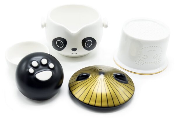 Cestovní čajová souprava AWM Panda, černo-bílá, porcelánová konvice 0,21 l a 2 šálky, s pouzdrem