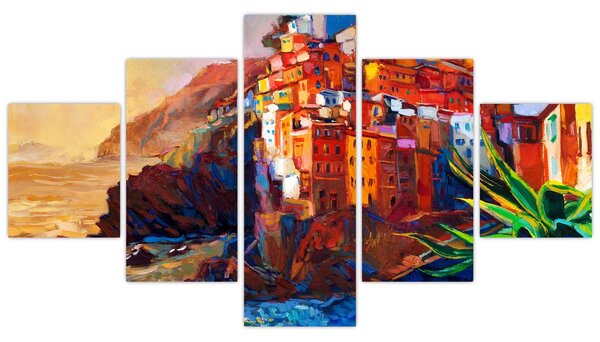 Obraz - Vesnice na pobřeží Cinque Terre, Italská riviéra, moderní impresionismus (125x70 cm)