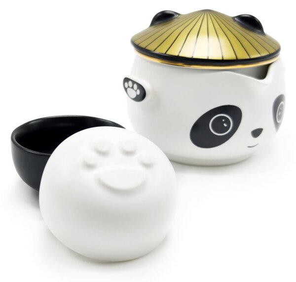 Cestovní čajová souprava AWM Panda, černo-bílá, porcelánová konvice 0,21 l a 2 šálky, s pouzdrem