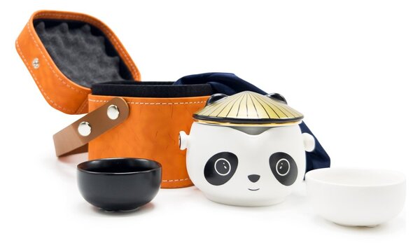 Cestovní čajová souprava AWM Panda, černo-bílá, porcelánová konvice 0,21 l a 2 šálky, s pouzdrem