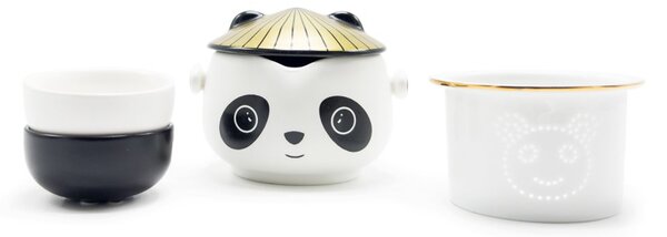 Cestovní čajová souprava AWM Panda, černo-bílá, porcelánová konvice 0,21 l a 2 šálky, s pouzdrem