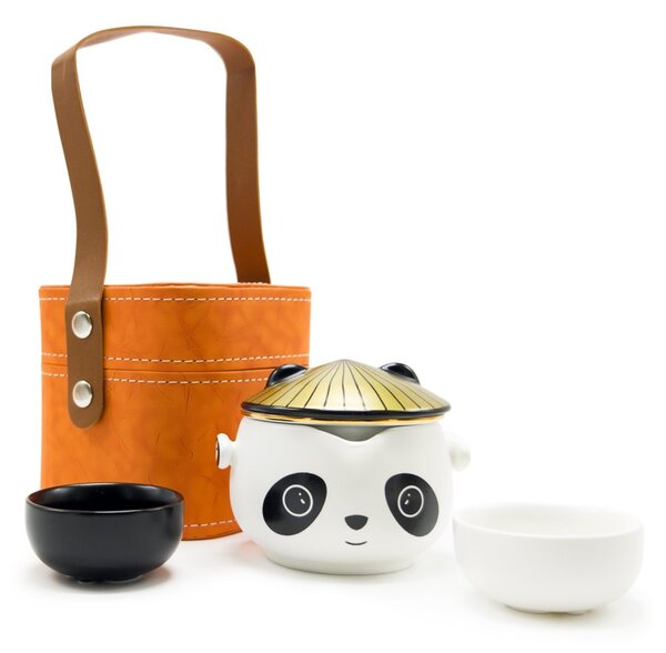 Cestovní čajová souprava AWM Panda, černo-bílá, porcelánová konvice 0,21 l a 2 šálky, s pouzdrem